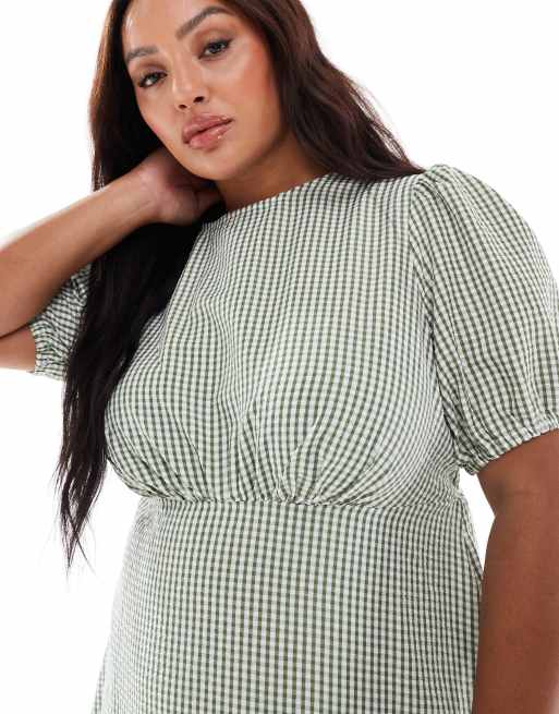 New Look Curve textured gingham midi dress in dark green, 3 of 4
