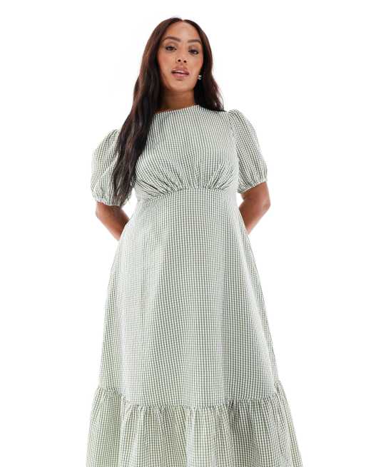 New Look Curve textured gingham midi dress in dark green, 4 of 4