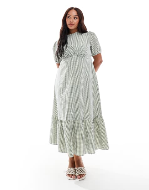 New Look Curve textured ginham midi dress in dark green - view 1