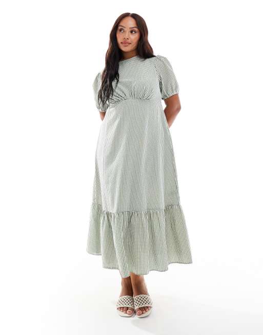 New Look Curve textured ginham midi dress in dark green