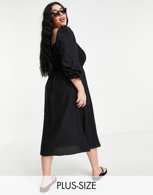 New Look Curve textured shirred midi dress in black | ASOS