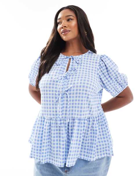 New Look Curve tie front peplum top in blue gingham - view 1