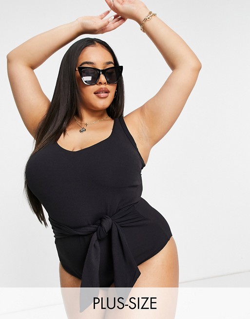 New Look Curve tie front swimsuit in black