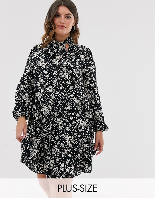 New Look Curve tie neck tiered midi dress in black ditsy floral