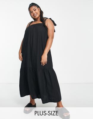 New Look Plus New Look Curve Tie Strap Tiered Smock Midi Dress In Black