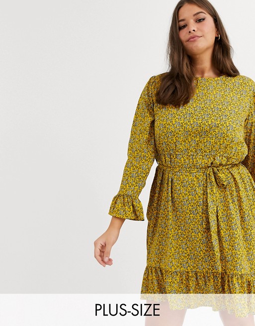 New Look Curve tie waist floral mini dress in yellow