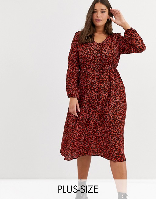 New Look Curve tie waist midaxi dress in red ditsy floral