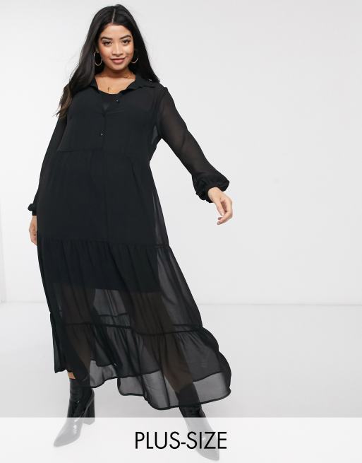 New Look Curve tiered chiffon shirt dress in black | ASOS