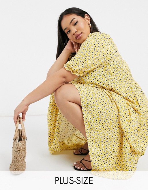 New Look Curve tiered smock dress in yellow ditsy floral
