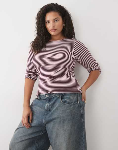 New Look Curve top a maniche lunghe girocollo a coste a righe rosa - view 1
