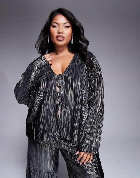 New Look Curve - Top a maniche lunghe plissé color peltro metallizzato con laccio - view 1