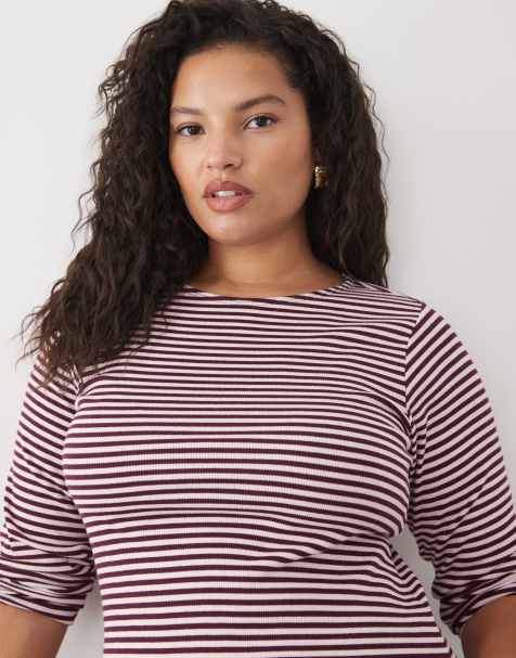 New Look Curve top acanalado de cuello redondo y manga larga a rayas rosas - view 1