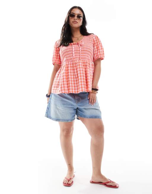 New Look Curve - Top arricciato rosso a quadretti con laccio sul davanti, 3 di 4