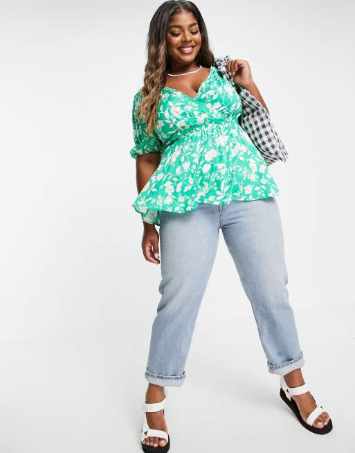 New Look Curve - Top cache-cœur avec basque à imprimé petites fleurs - Vert, 4 de 4