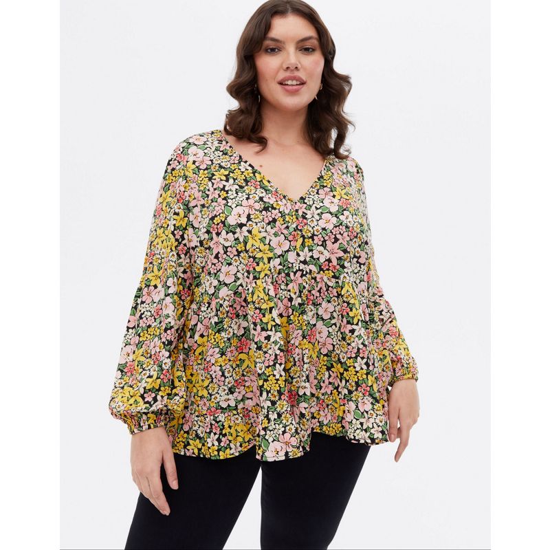 Camicie e bluse Donna New Look Curve - Top grembiule con scollo a V a fiori multicolore