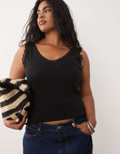 New Look Curve - Top negro de tirantes con ribete de encaje - view 1