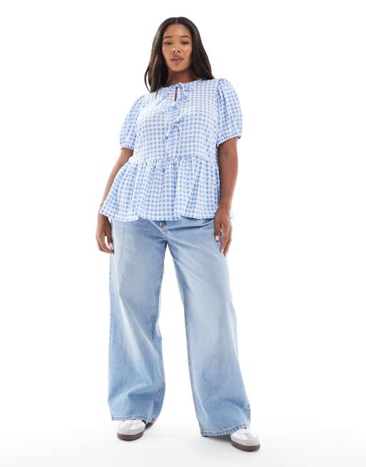 New Look Curve - Top peplo blu a quadretti allacciato sul davanti, 2 di 4