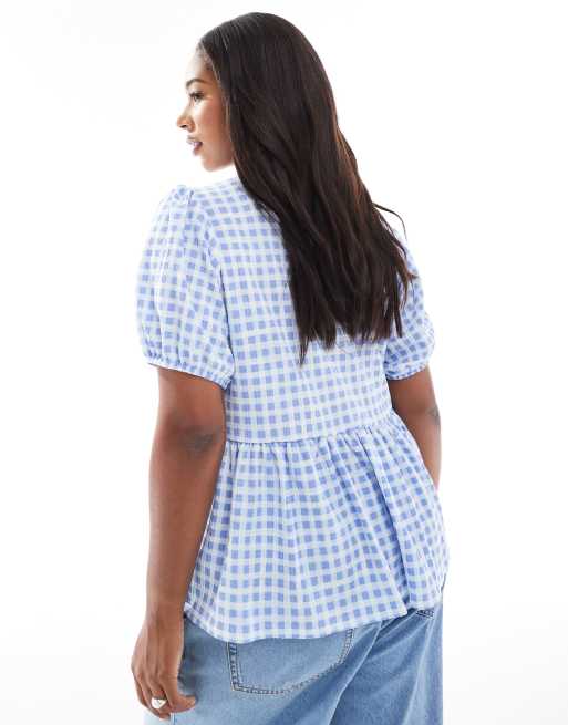 New Look Curve - Top peplo blu a quadretti allacciato sul davanti, 4 di 4