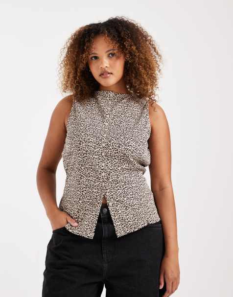 New Look Curve - Top senza maniche leopardato marrone con scollo a barchetta e bottoni - view 1