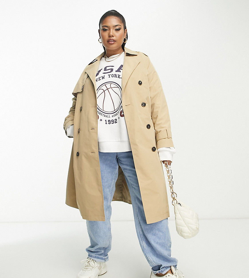 New Look Curve trench coat in camel-Neutral