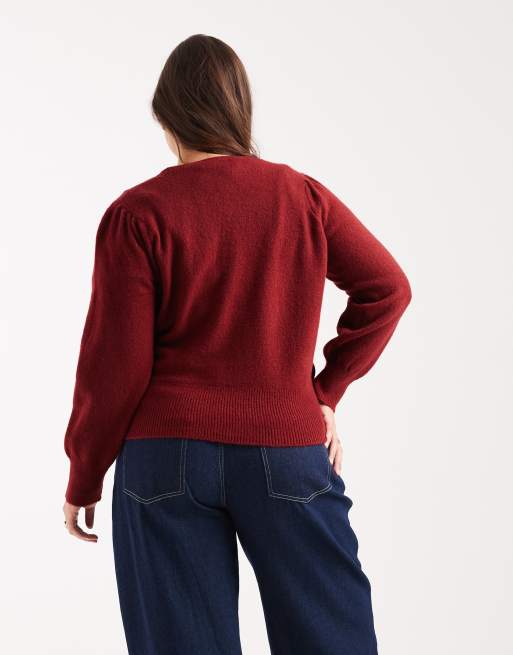 New Look Curve - Trui met overslag en pofmouwen in bordeauxrood, 2 van 4