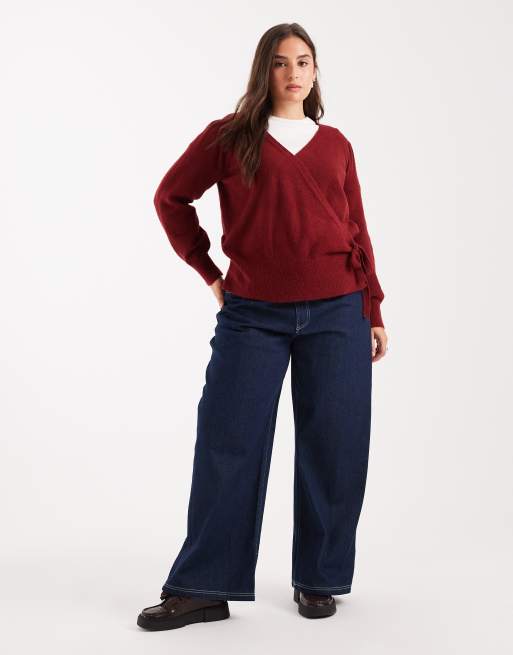 New Look Curve - Trui met overslag en pofmouwen in bordeauxrood, 4 van 4