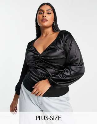 New Look Curve twist front long sleeve satin blouse in black