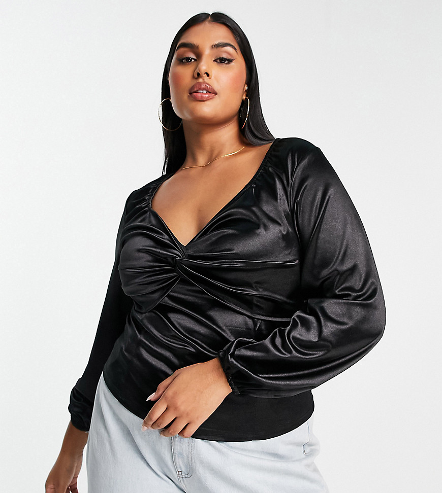 New Look Curve twist front long sleeve satin blouse in black