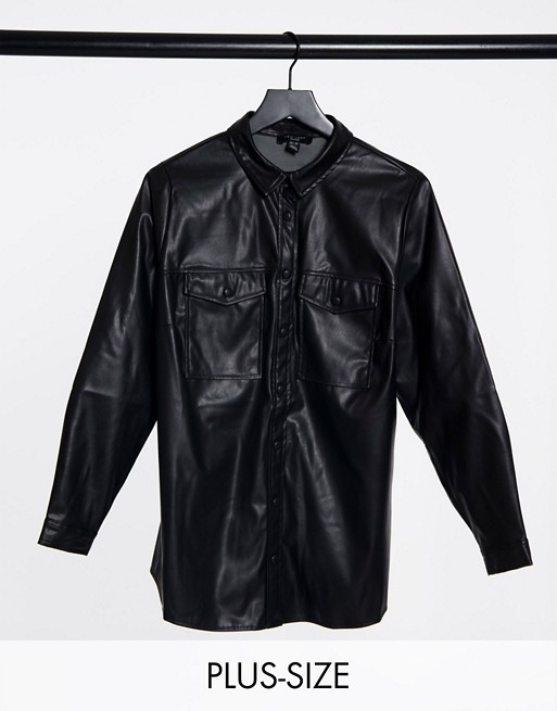 New Look Curve utility leather look shacket in black