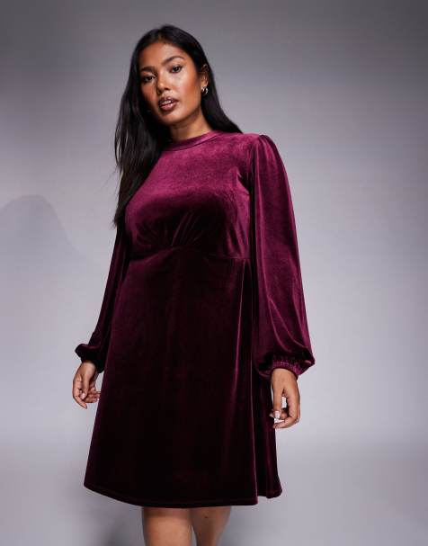 New Look Curve velvet bow back mini dress in burgundy - view 1