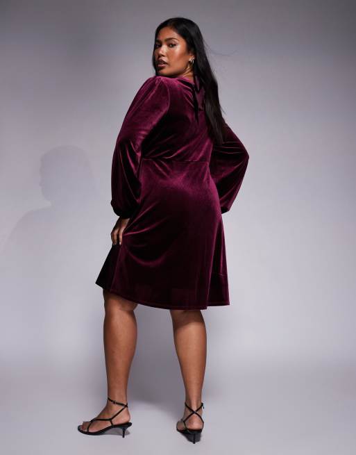 New Look Curve velvet bow back mini dress in burgundy, 2 of 4