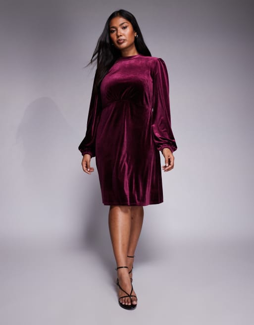 New Look Curve velvet bow back mini dress in burgundy, 4 of 4
