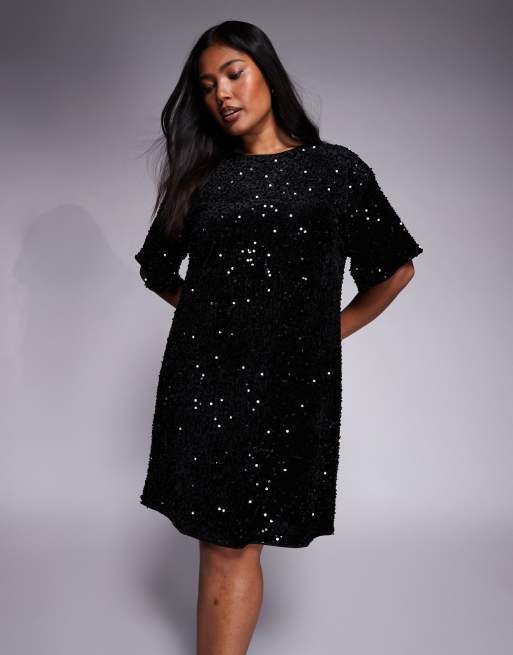 New Look Curve velvet sequin t-shirt mini dress in black | ASOS