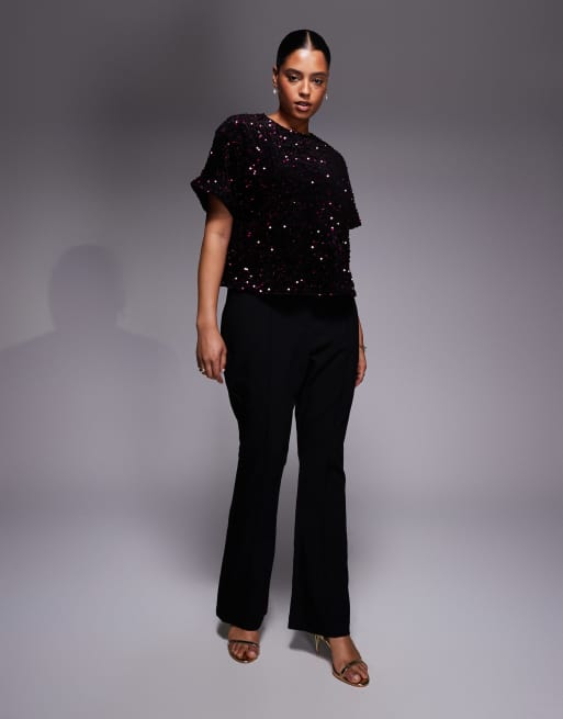 New Look Curve velvet sequin tee in burgundy, 2 of 4
