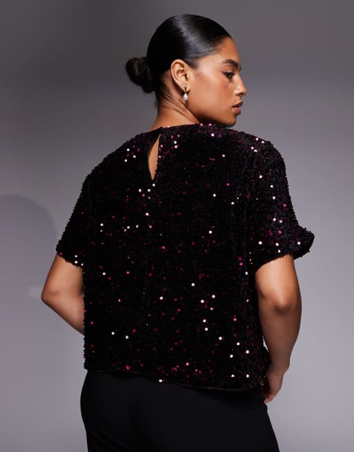 New Look Curve velvet sequin tee in burgundy, 3 of 4