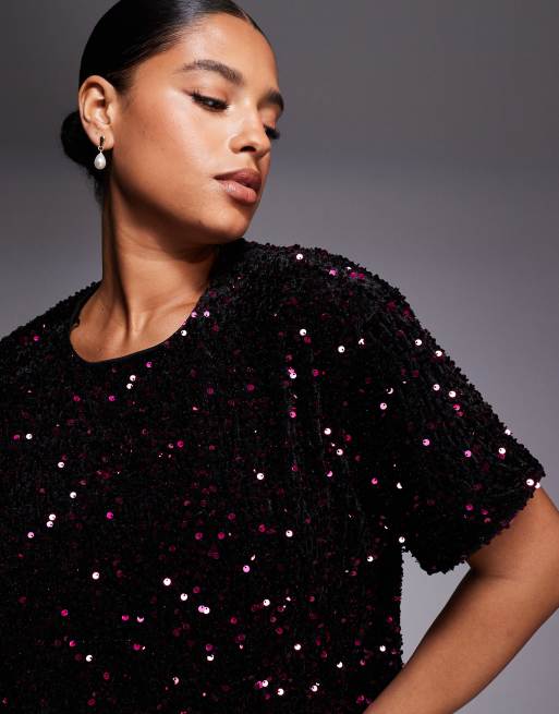New Look Curve velvet sequin tee in burgundy, 4 of 4