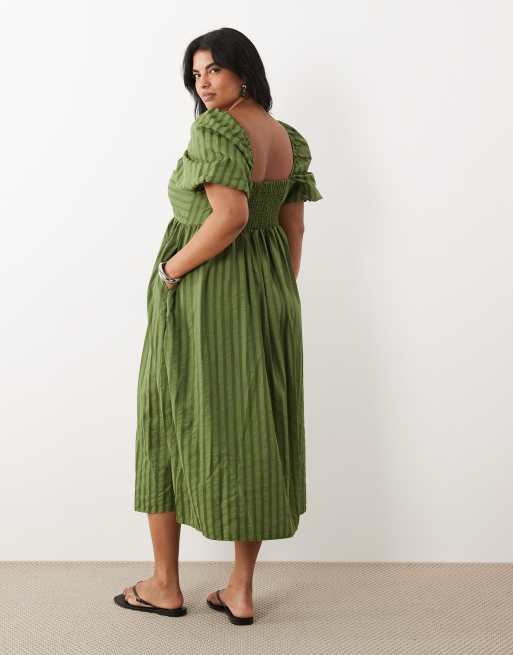 New Look Curve - Vestido midi caqui con mangas abullonadas y cuello cuadrado de sirsaca, 3 de 4