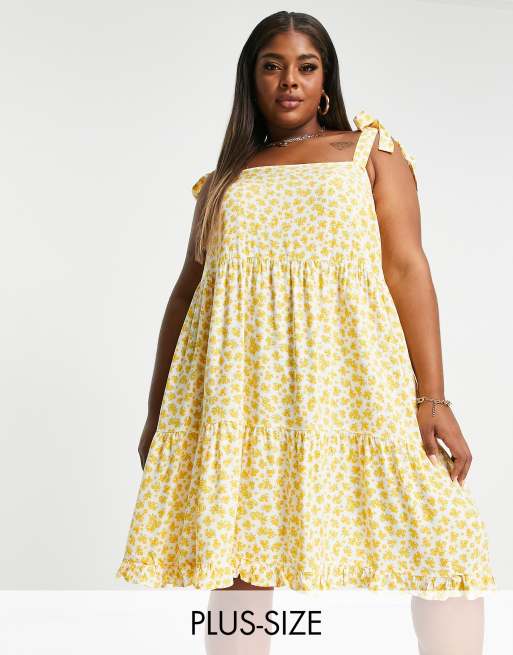 New Look Curve - Vestito corto a fasce con spalline sottili allacciate giallo a fiori