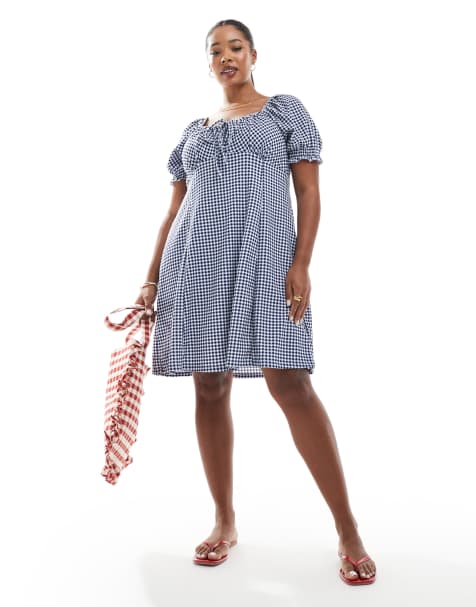 New Look Curve - Vestito corto stile milkmaid a quadretti color blu navy - view 1