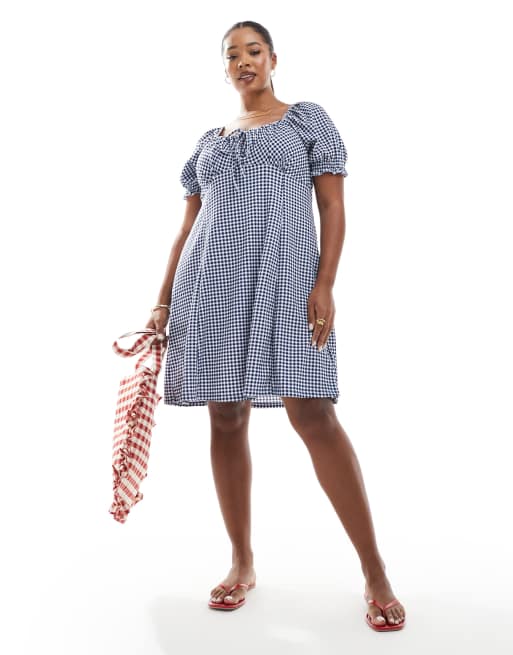 New Look Curve - Vestito corto stile milkmaid a quadretti color blu navy