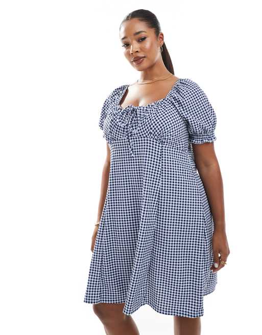 New Look Curve - Vestito corto stile milkmaid a quadretti color blu navy, 2 di 4