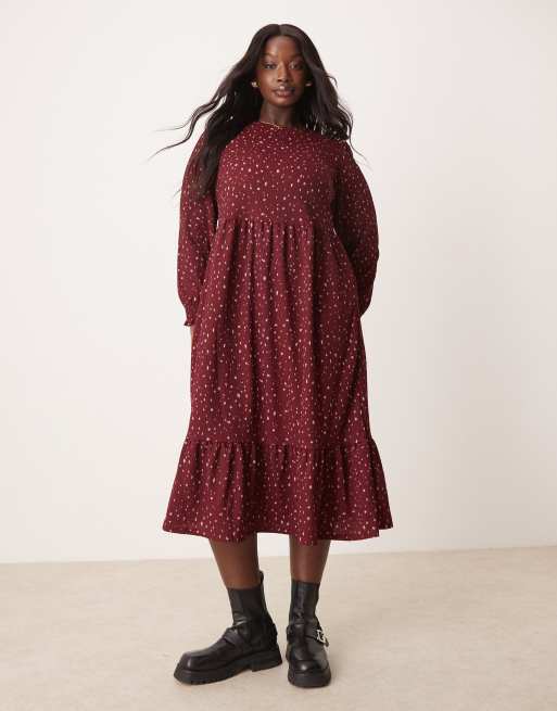New Look Curve - Vestito grembiule midi in tessuto stropicciato color bordeaux