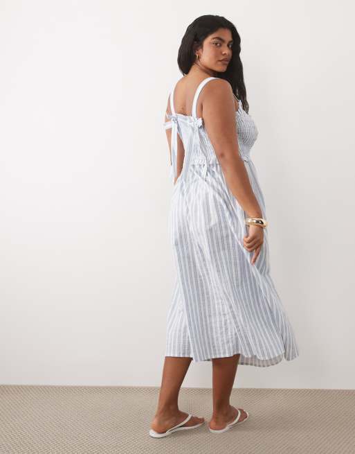 New Look Curve - Vestito midi arricciato blu a righe allacciato sul retro, 2 di 4