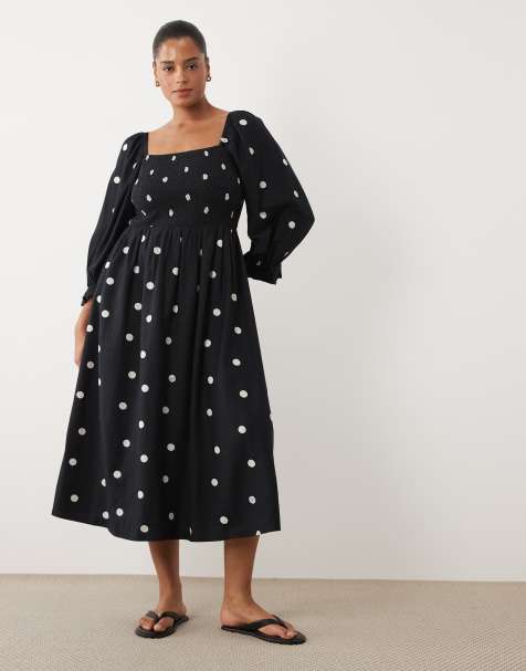 New Look Curve - Vestito midi arricciato nero a pois - view 1