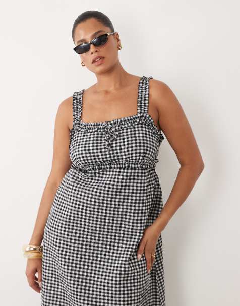 New Look Curve - Vestito midi con maniche a sbuffo nero a quadretti - view 1