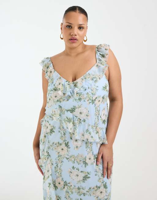 New Look Curve - Vestito midi in chiffon blu a fiori con volant, 3 di 4