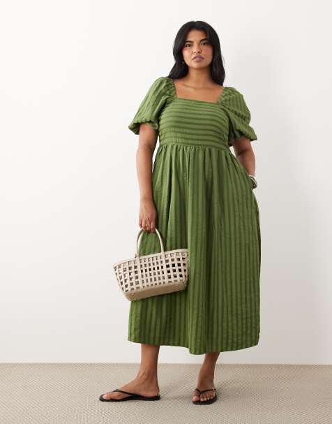 New Look Curve - Vestito midi in seersucker kaki con scollo squadrato e maniche a sbuffo - view 1