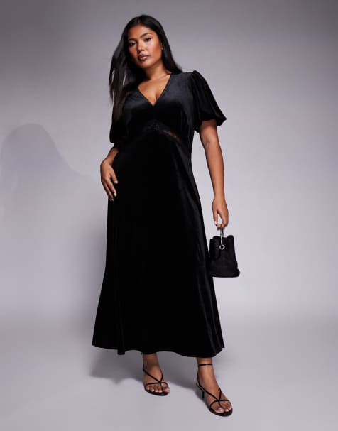 New Look Curve - Vestito midi in velluto nero con finiture in pizzo - view 1