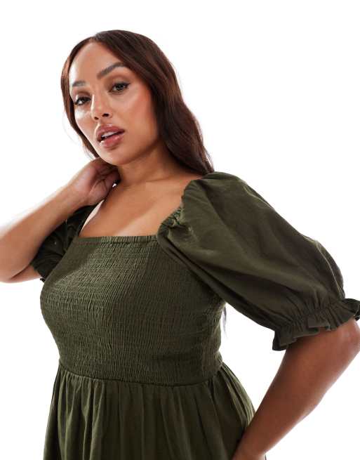 New Look Curve - Vestito midi milkmaid kaki con maniche a sbuffo, 2 di 4