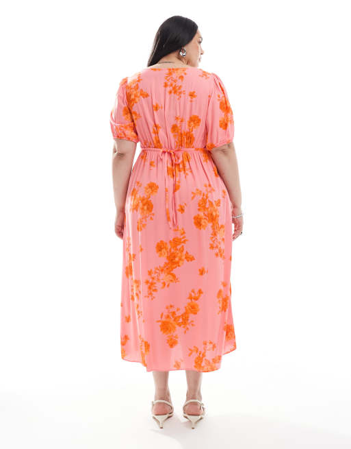New Look Curve - Vestito midi milkmaid rosa a fiori con volant, 2 di 4